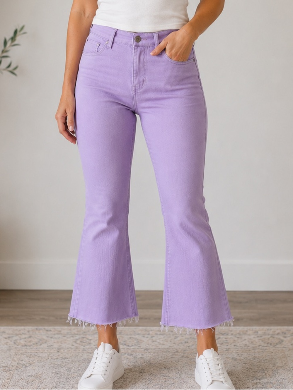 Oneso Lavender High Rise Cropped Flare Jeans Raw Hem Stretch Denim Size 25